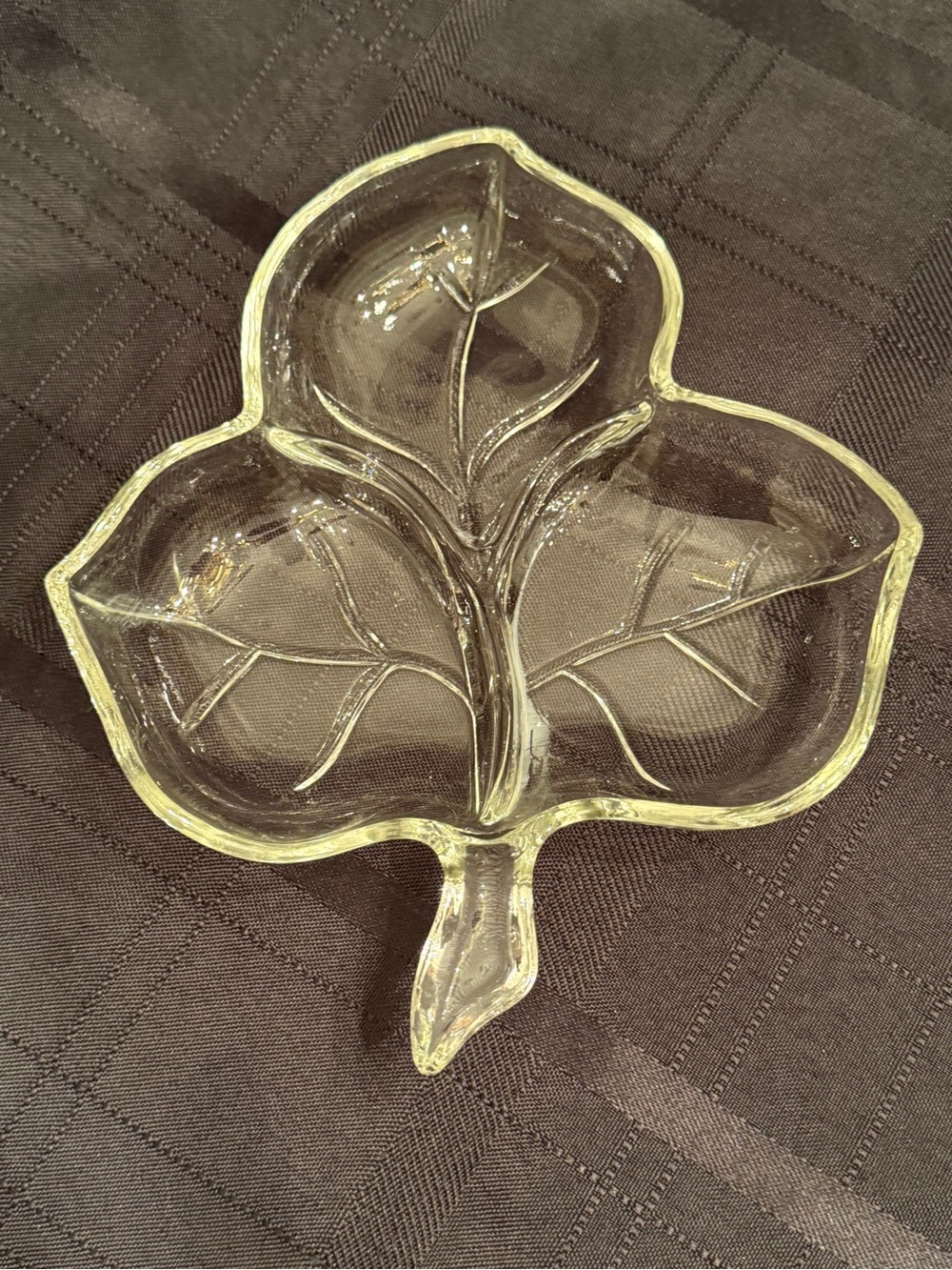 Vintage Hazel Atlas Clear Glass 3 Divided Ivy Leaf Candy Dish Relish Tray 8"